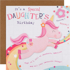 Cute Jumping Unicorn and Rainbow Design Daughter Birthday Card