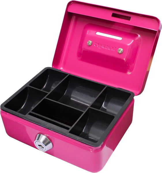 4" Pink Cash Box with Coin Slot and Lift out 6 Compartment Coin Tray