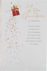 Festive Christmas Card for Grandson – Present and Snowflake Illustration