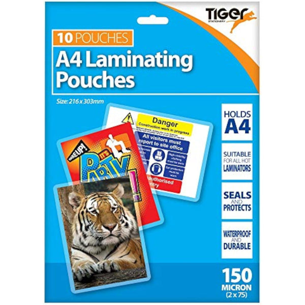 Tiger A4 Laminating Pouches – 150 Microns, Pack of 10 | Gloss Finish Sheets for Document Protection