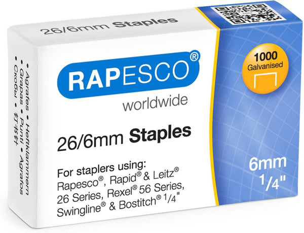 Rapesco 26/6mm Galvanised Staples – Pack of 1000 for Standard Staplers