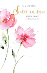 Sister in Law Birthday Card Pink Watercolour Floral