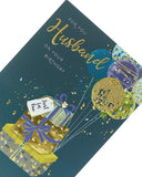 Contemporary Husband Birthday Card Featuring Balloons Attached to Gifts