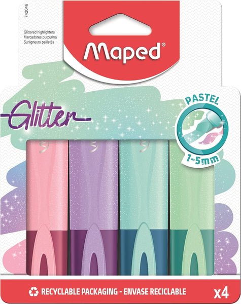 Maped Pastel Glitter Highlighters – Pack of 4 | Assorted Pastel Neon Markers with Sparkle