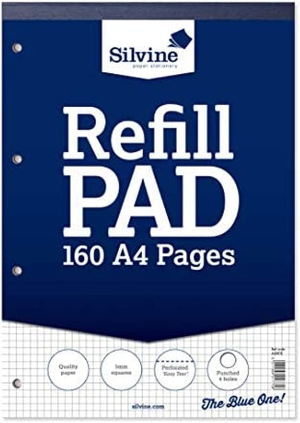 Silvine 160 Page A4 Refill Pad, Head Bound and Punched 4 Holes. Ruled 5mm Squares