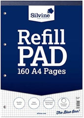 Silvine 160 Page A4 Refill Pad, Head Bound and Punched 4 Holes. Ruled 5mm Squares