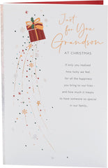 Festive Christmas Card for Grandson – Present and Snowflake Illustration