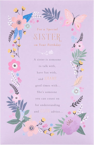 UK Greetings Birthday Card for Sister - Floral Border Design - Thinking of You Range