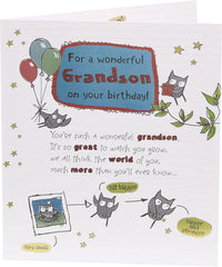 Owl Illustration and Sentimental Verse Birthday Card for Grandson