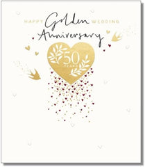 Paperlink Milestone Wedding Anniversary Card - 50 Years - Golden Anniversary Heart & Swallows - Eco-Friendly & Recyclable - Made in England