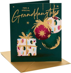 UK Greetings Christmas Card for Granddaughter - Baubles & Present Design