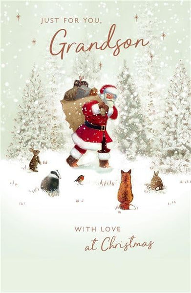 Grandson Christmas Card - Santa in the Snow with a Foil Finish - Eco-Friendly