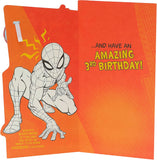 Marvel Spiderman You're 3 Swing into Action Birthday Card with Badge