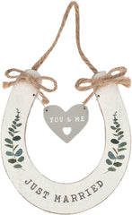 Just Married Wedding Horseshoe White with Hanging Heart