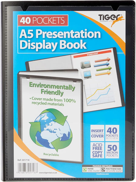 Tiger A5 40 Pocket Black Presentation Display Book – Compact Document Folder