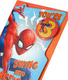 Marvel Spiderman You're 3 Swing into Action Birthday Card with Badge