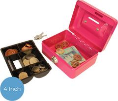 4" Pink Cash Box with Coin Slot and Lift out 6 Compartment Coin Tray