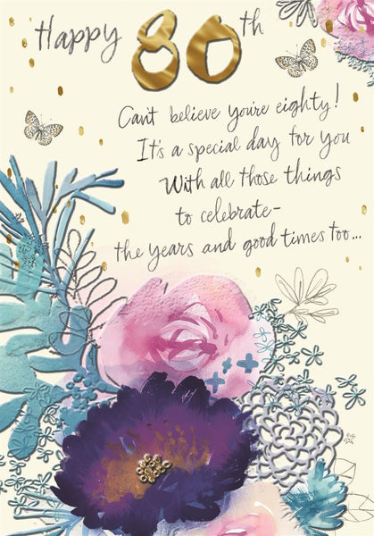 Floral 80th Birthday Card – Elegant Design with Butterflies & Gold Text