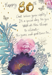 Floral 80th Birthday Card – Elegant Design with Butterflies & Gold Text