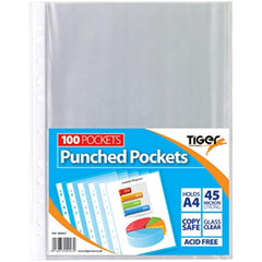 Tiger A4 Punched Pockets – Pack of 100 Clear Plastic Sleeves for Ring Binders