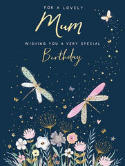 Paperlink 'Lovely Mum' Birthday Card - Dragonflies & Meadow Flowers with Foil Details - Eco-Friendly & Recyclable - Made in England