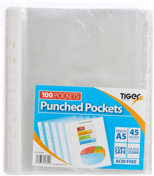A5 Clear Punched Pockets – Pack of 100 Polypropylene Sleeves for Ring Binders