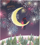 Couple Sitting On Half Moon New Year Christmas Card