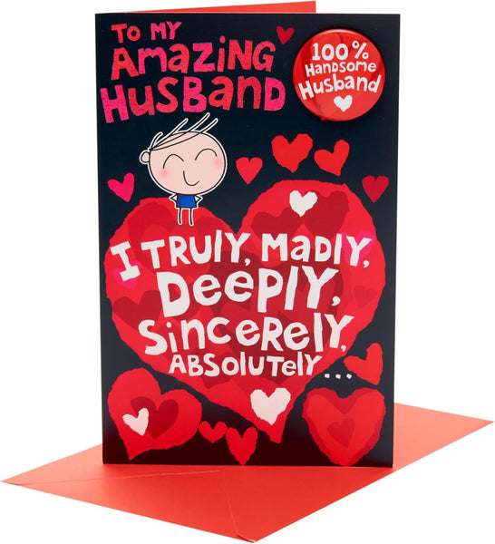 UK Greetings Valentine's Day Card for Husband - Funny 100% Handsome Badge Design