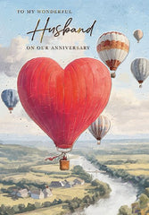 Anniversary Card for Husband – Heart Hot Air Balloon Romantic Artwork