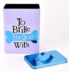 Fun & Humorous Dog Treat Storage Tin – ‘To Bribe the Dog With’ – 22.5cm, White, Black & Metallic Aqua Blue