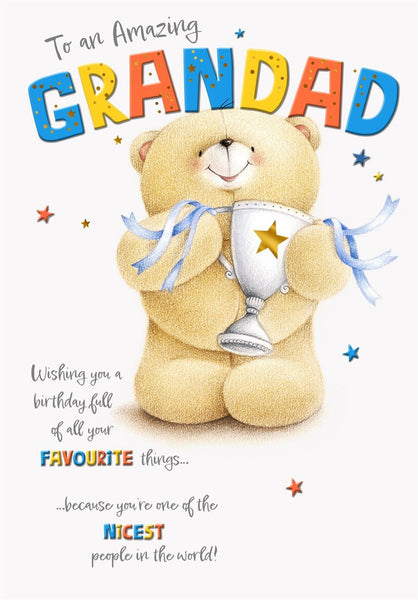 Cute Teddy Bear Birthday Card for Grandad – Trophy & Stars Design