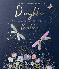 Paperlink Daughter Female Birthday Card for Women - Dragonflies & Flower Garden with Gold Foil & Gem Embellishment - Eco-Friendly