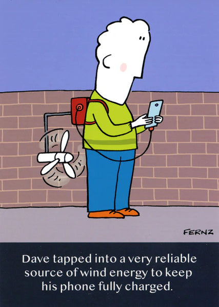 Funny Tech Birthday Card for Him – Wind Energy Charging Cartoon Joke