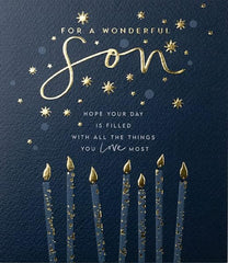 Paperlink Wonderful Son Male Birthday Card for Men/Boys - Candles & Stars with Embossed Gold Foil - Eco-Friendly & Recyclable - Made in England