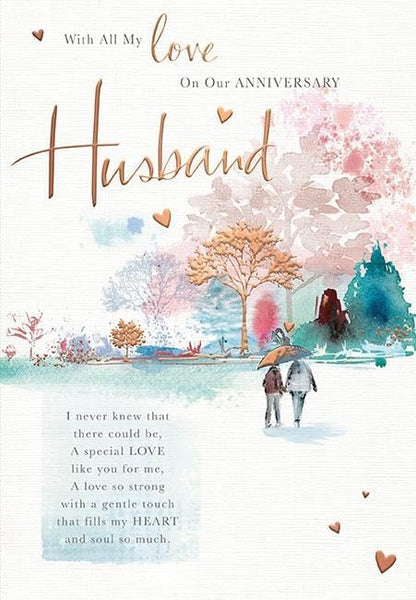 Watercolour Woodland Walk Embossed with a Foil Finish Husband Anniversary Card
