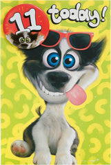 Cartoon Dog Design with Badge 11th Birthday Card