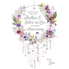 Nigel Quiney - Brother and Sister-in-Law Anniversary Card - Floral Wreath Dream Catcher - For Both of You - Silver Foil Finish