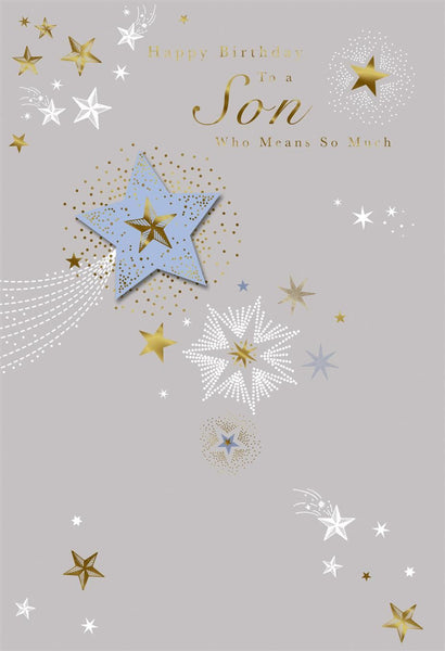 Stylish Star Birthday Card for Son – Gold & Silver Metallic Design