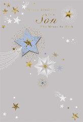 Stylish Star Birthday Card for Son – Gold & Silver Metallic Design