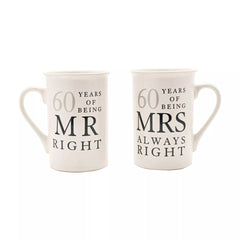 Amore Gift Set - 60 Years Of Mr Right/Mrs Always Right Ceramic Mugs