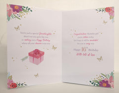 Paper Rose Special Granddaughter 16th Birthday Card - Age 16 - Giftbox Balloons Flowers and Butterflies with Foil Details