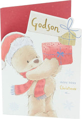 Teddy Bear with Present Design Godson Christmas Card