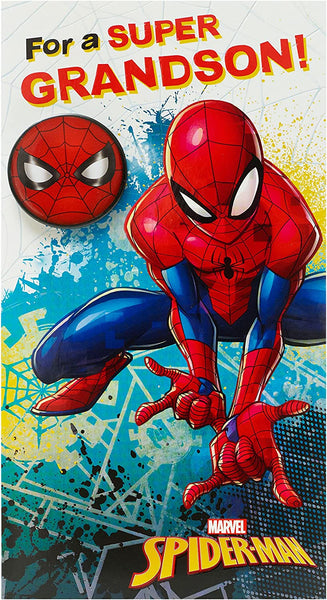 Spiderman Birthday Card For Grandson With Spiderman Face Badge