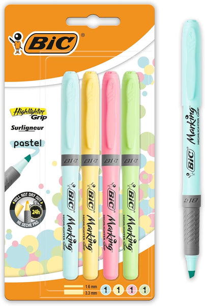 Bic Grip Highlighter Pen Chisel Tip 1.5-3.3mm Line Assorted 4 Pastel Colours