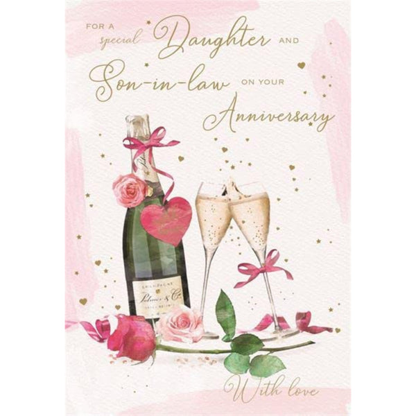 Daughter & Son-in-Law 'On Your Anniversary' Card - Champagne Bottle & Toasting Glasses with Foil Details- Made in England