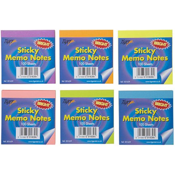 6 x Tiger Neon 3x3in Sticky Notes