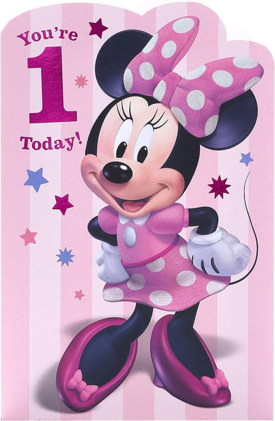 Disney 1st Birthday Card For Her/Girl With Envelope - Pink Design With Minnie Mouse