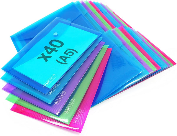 Rapesco Popper Wallet, A5 - Transparent Assorted Colours (Pack 40)