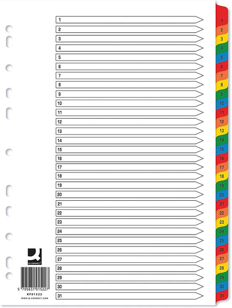A4 White Index Multi-punched Reinforced Board Multi-Colour 1-31 Numbered Tabs