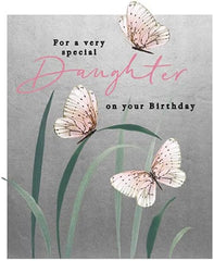 Daughter Female Birthday Card for Women/Girls - Pink Butterflies with Silver Foil